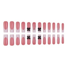 Extra Long Press on Nails White French Tip Fake Nails Square False Nails with 3D Black Bow Pearls Design Glossy Acrylic Nail Full Cover Stick on Nails for Women 24 Pcs