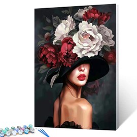 Beautiful Woman With Flower Hat Paint by Numbers for Adults Black Background Female Body and Flower Head Painting by Numbers Flower Nordic Style Acrylic Oil Painting Set without Frame 16''W x 20''H