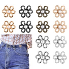 12pcs Flower Jeans Button Tighteners, Adjustable Pants Button Tightener Pant Waist Tightener Decorative Flower Jean Button Pins for Loose Jeans Pants Clothes (Sewing Needed)
