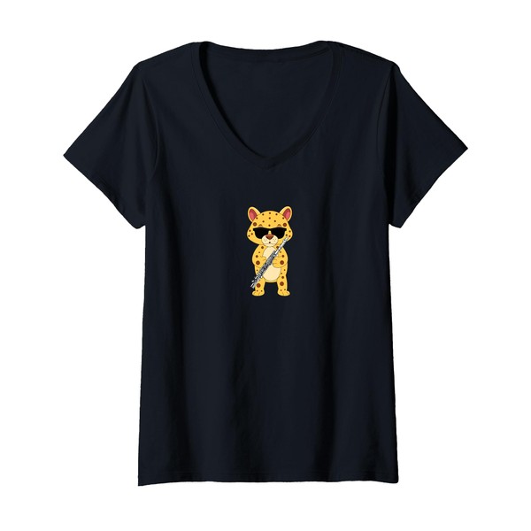 Womens Funny Cheetah Wearing Sunglasses Playing Flute V-Neck T-Shirt