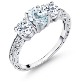 Gem Stone King 925 Sterling Silver Sky Blue Aquamarine and White Topaz 3-Stone Women Ring (2.07 Ct Oval, Available in size 5, 6, 7, 8, 9)