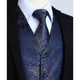 HISDERN Men's Waistcoats Floral Wedding Party Navy Waistcoat Necktie Pocket Square Handkerchief Jacquard Suit Vest Set Navy Blue M
