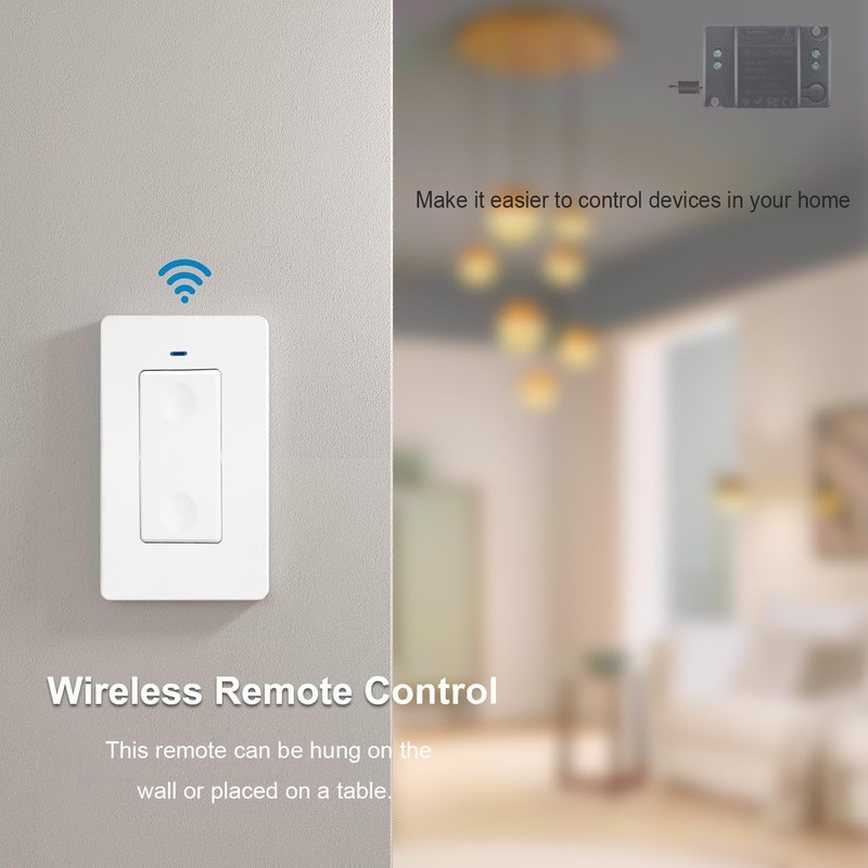 Wireless Light Switch and Receiver Kit, 164Ft RF Range, No