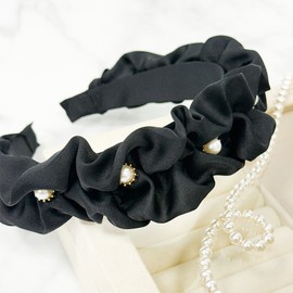 Burnaby black frill pearl pendant hairband wide headband / 버나비 블랙 프릴 진주 팬던트 헤어밴드 넓은머리띠