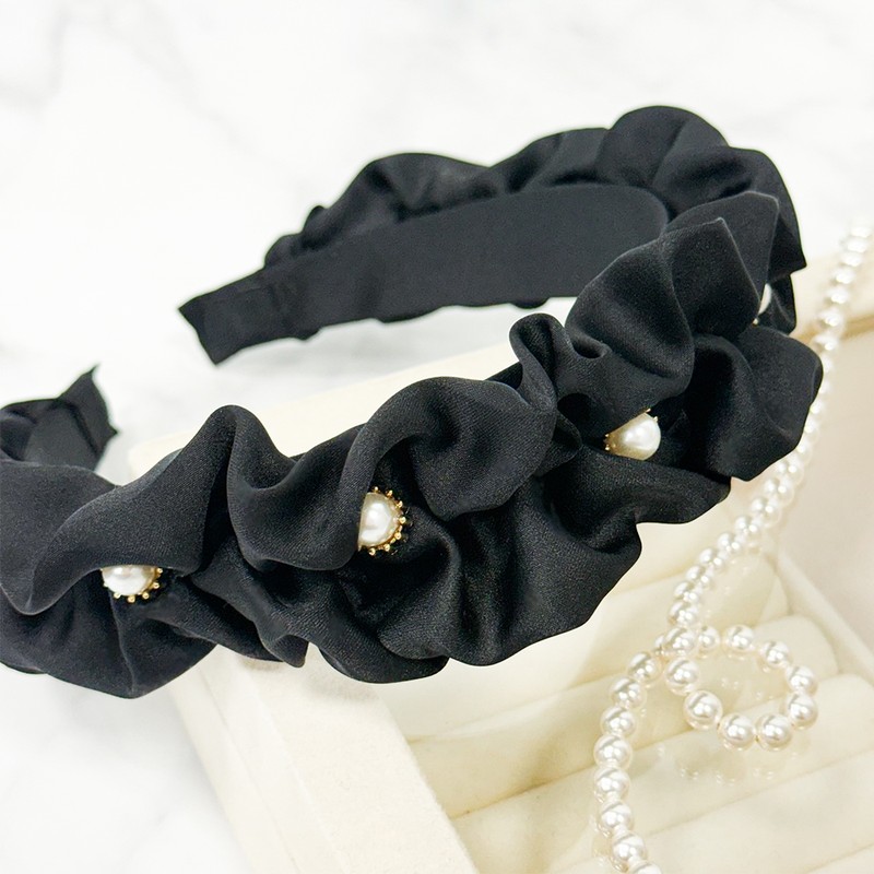 Burnaby black frill pearl pendant hairband wide headband / 버나비
