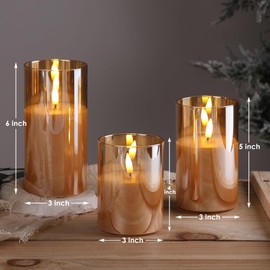 Eywamage Gold Glass Flameless Pillar Candles with Remote, Flickering Christmas LED Candles Battery Operated Set of 3