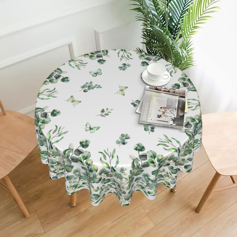 KiuLoam Spring Tablecloth Round 60 Inch Sage Green Eucalyptus Leaf