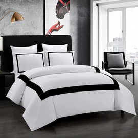 OSVINO Hotel Duvet Cover Set 2Pcs Microfiber Simple Line Style Bedding Set Ultra Soft Quilt Cover Set with Pillowcases, Black, Single