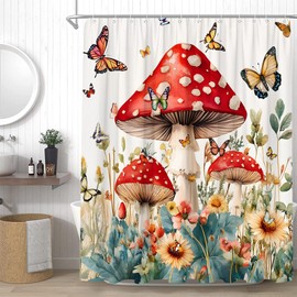 YSSFAV Mushroom Shower Curtain Country Rustic Natural Plant Butterfly Wildflowers Watercolor Sage Green Leaves Bathroom Decor Curtains Set with Hooks, 70" W x 70" H
