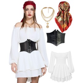 Women Pirate Costume Dress with Corset Accessories Long Sleeve Romper Short Off Shoulder Dress White L