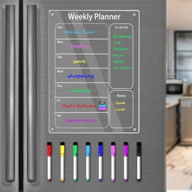 Clear Weekly Calendar Planning Board for Refrigerator, Acrylic Magnetic Dry Erase Planning Board Calendar for Fridge, Includes 8 Colors Magnetic Dry Erase Markers