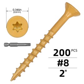 #8 x 2" Deck Screws, Flat Head Wood Screws, Tan Coated, Outdoor Decking Screws, Self Tapping Screws for Timber/Log/Landscaping Wood, T25 Star Drive Bit Included, 200 PCS