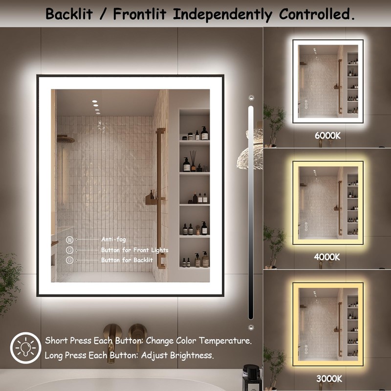 CHARMOR Framed LED Lighted Bathroom Mirror 24x32, Dimmable Vanity Mirror