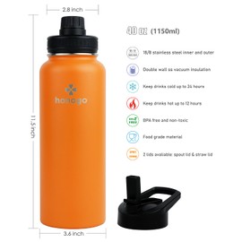 honogo 40 oz Double Wall Insulated Metal Water Bottle for Men, Women & Kids, 18/8 Stainless Steel Wide Mouth Thermos Flask with Straw Lid & Spout Lid, Leak Proof, Keep Hot and Cold (Orange, 40 oz)