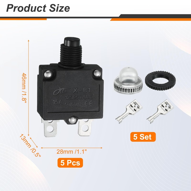 sourcing map 2PCS 15A Thermal Circuit Breakers, 125/250V AC,32V DC