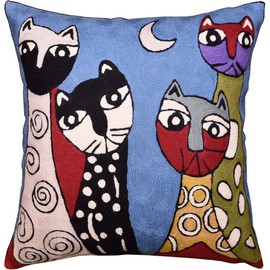 Kashmir Designs Picasso Blue Cat Pillow Cover Quadruplets Whimsical Hand Embroidered Wool 18x18