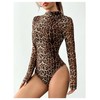 OYOANGLE Women's Leopard Print Bodysuits Long Sleeve Mock Neck Fitted