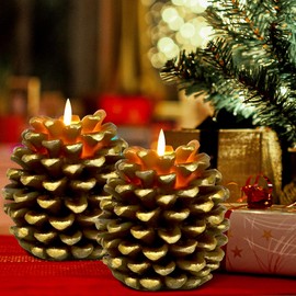 Zhitaoxun Pinecone Candles Flameless,Pine Cone Flameless Flickering Candles, Battery Operated Flameless Candles with Timer,Christmas Home Party Decoration (2)