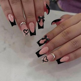 IMSOHOT Black French Tip Press on Nails Long Square Fake Nails - Bow, Heart, Rhinestone Designs, Full Cover Glossy Acrylic Glue on False Nails