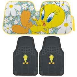 BDK Warner Bros Tweety Bros All Weather Windshield Sun Shade & 2pc Front Rubber Floor Mats Car Accessories Set - UV Block Accordion Folding 58 x 27 in - Anti Slip, Heavy Duty