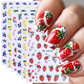 6 Sheets Cute Fruit Nail Decals for Nail Art Summer Flower Strawberry Nail Stickers 3D Self-Adhesive Lemon Nail Art Stickers Fruit Blueberry Design Decals for Women Acrylic Nail Supplies