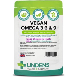 Lindens Vegetarian Omega 3 6 & 9 Flaxseed 1000mg Capsules | 360 Pack | Specially Formulated for Vegans & Vegetarians Contributes to The Maintenance of Normal Blood Cholesterol Levels