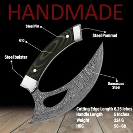 BE BREAK EDGE Handcrafted Damascus Steel Ulu Knife with Green and Black Micarta Handle, Curved Blade- Slicing Meat & Herbs Knife-Father Mother Christmas Gift