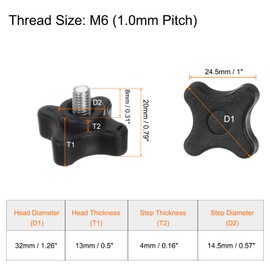 QUARKZMAN Star Grip Nuts Knurled Screw M6 x 8 mm Metric Thread 32 mm 4-Point Plastic Head Grub Pin Button Hand Tightening Thumb Screw Jig Grip Black Pack of 6