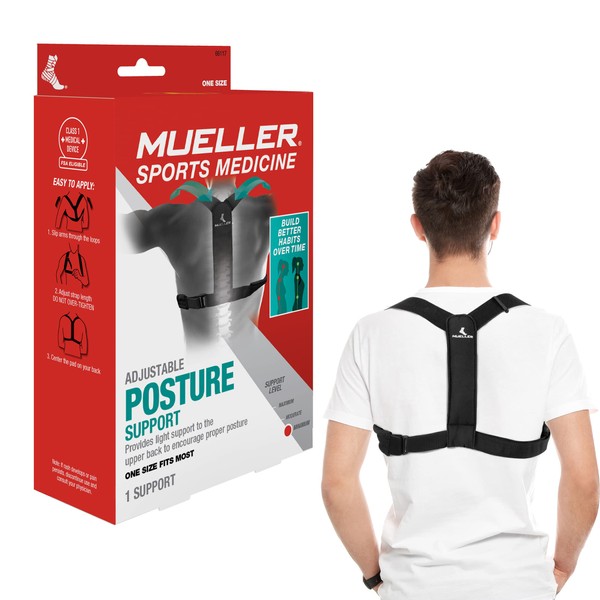 MUELLER Posture Corrector for Women and Men, Adjustable, One Size Fits Most | Back Brace for Improving Posture and Support of The Upper Back, Black