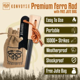 KonvoySG Survival Tool Ferro Rod Fire Starter with Multi-Tool Striker and Jute Bag - All-in-One Flint and Steel Fire Starter Kit for Camping, Hiking, Emergency