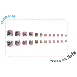 IMRAIN Press on Toe Nails Short Square Fake Toenails Gold Glitter False Toenails with Butterfly Design Glossy Glue on Toe Nails Summer Nail Art for Women DIY Manicure Full Cover Nail Supplies