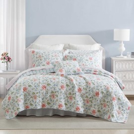 Laura Ashley - Quilt Set, Super Soft Bedding with Matching Shams, Includes Bonus Throw Pillow, Chic Room Decor (Emilie Blue, King)