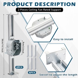 Tandefio 2 Pcs Adjustable Ceiling Fan Bracket Ceiling Mounting Bracket Electrical Box for Fans and Light Fixtures, 14.7 Inches in Length