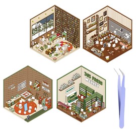 4 Sets 3D House Stickers, Paper House Stickers with Tweezers Fun 3D House Sticker Set Cute 3D Stickers Scene Restaurant Bkaing Shop Bookstore House Stickers for Scrapbooking
