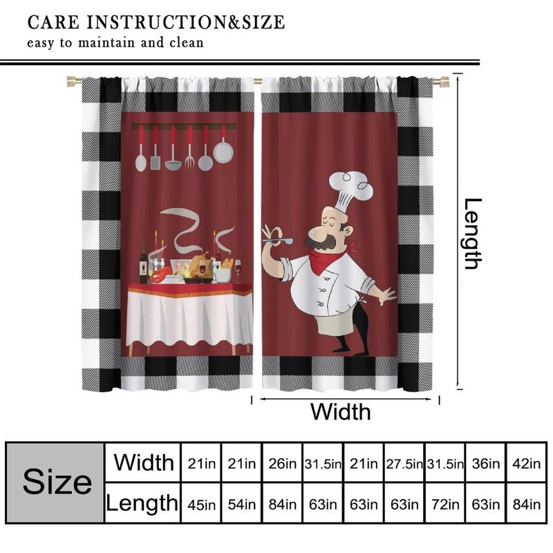 TFOSO Chef Kitchen Curtains,Funny Chef Black White Buffalo Check Plaid