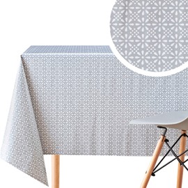 KP HOME Wipe Clean Tablecloth Grey PVC Table Cover - Rectangle 200 x 140 cm - Easy Wipeable Vinyl Plastic Table Cloth With Retro Floral Print