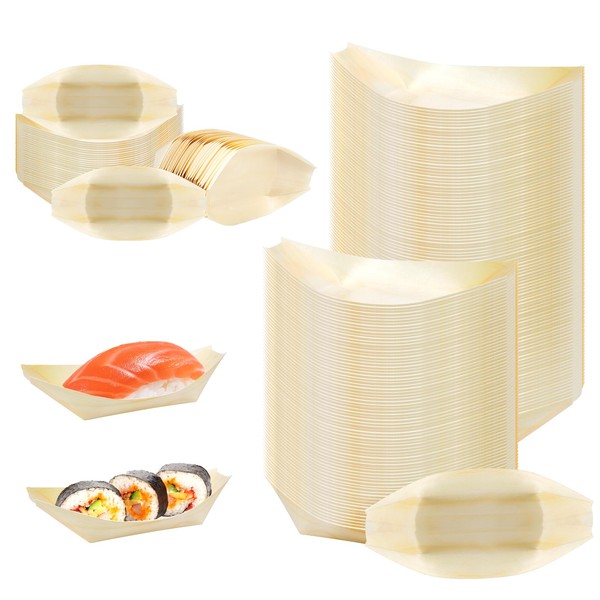 RMERVE 100 Pcs Bamboo Boat Plates, Disposable Wood Plates, 5.5”