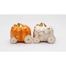 Fine Ceramic Thanksgiving Autumn Fall Pumpkin Carriages Salt & Pepper Shakers Set, 3" L