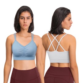 sicoozoe Women Criss Cross Back Sport Bras Medium/Low Support Yoga Bras Shirred Front Workout Bras Pack of 3 Black/White/Cambridge Blue