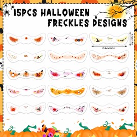 Konsait Halloween Freckles Face Tattoos for Women Girls – 15 Sheet Witch Hat Pumpkin Bat Makeup Tattoo for Halloween Party, Cosplay, Costume & Festival Style