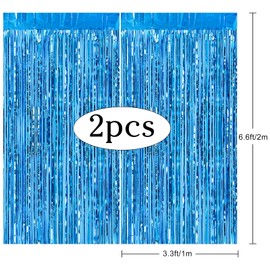ASTARON 2Pcs Shiny Foil Fringe Curtains Blue Metallic Fringe for Baby Shower Party Birthday Party Decoration, Light-Blue