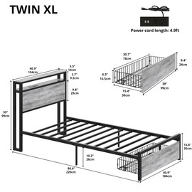 LIKIMIO Twin XL Bed Frames with Drawer, Storage Headboard with Outlets, No Box Spring Needed, Easy Assembly, Industrial Gray