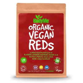 BodyMe Organic Vegan Reds Powder | 270g | Super Reds Blend | with Blueberry Cranberry Raspberry Rosehip Acai Beetroot Prebiotic Inulin Carob Chaga Mushroom Reishi Mushroom