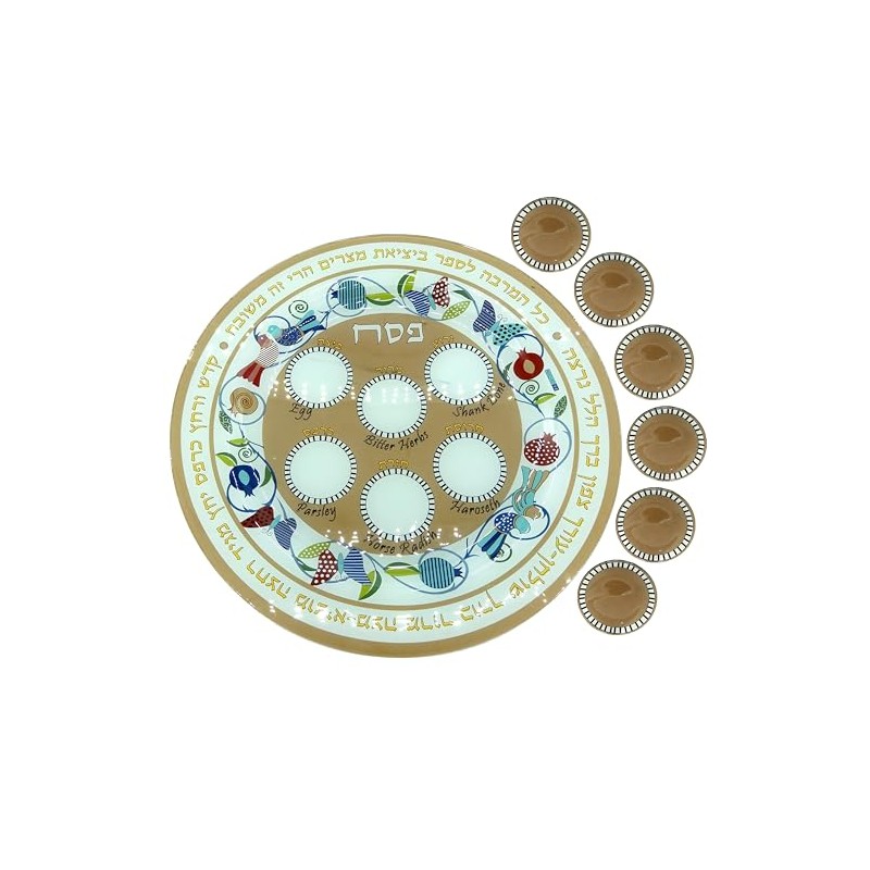 Unique Painted Glass Passover Seder Plate with Matching Matzah Serving