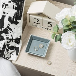 Mecaikru Ceramic Trinket Dish, Ring Tray, Decorative Jewelry Dish for Earrings Necklaces Watch Keys for Women (blue square)