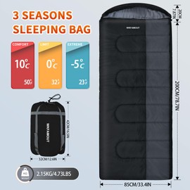 WKFAMOUT XL 10 Degree Sleeping Bags Waterproof for Adults 350GSM Machine Washable with Compression Sack for 3-4 Season Camping Outdoor