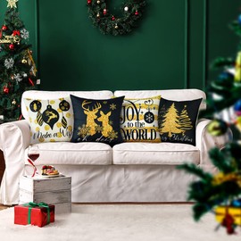 Artscope Gold Christmas Cushion Covers Set of 4 for Christmas Decorations Black Goldden Throw Pillows Winter Holiday Decor Throw Cushion Case for Home Couch 45x45cm