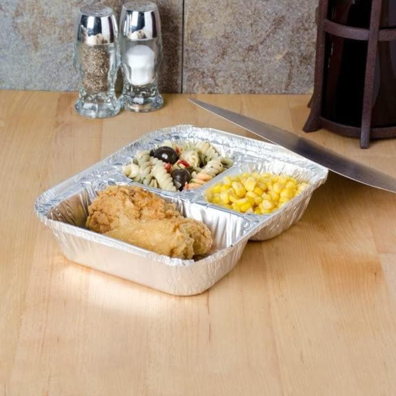 Disposable 3 Compartment Aluminum Dinner Foil Pan/Tray with Board Lids