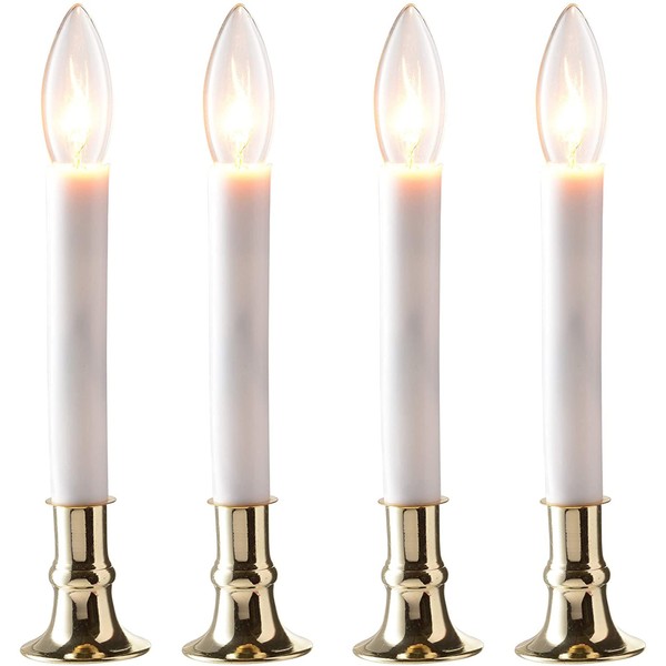 PREXTEX Christmas Candles - Set of 4 Brass Plated Window Candles with Sensor Dusk to Dawn - Candle Set for Home & Kitchen w/Automatic On/Off Sensor, Christmas Lights, Candle Lamp, Party Lights