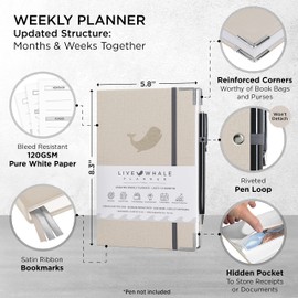 Live Whale Undated Planner, 12 Month Full Focus Weekly Planner/Monthly Productivity Journal for Habit Tracking. Vegan-Friendly Moleskin Faux Leather Goal Planner (Linen/Grey)
